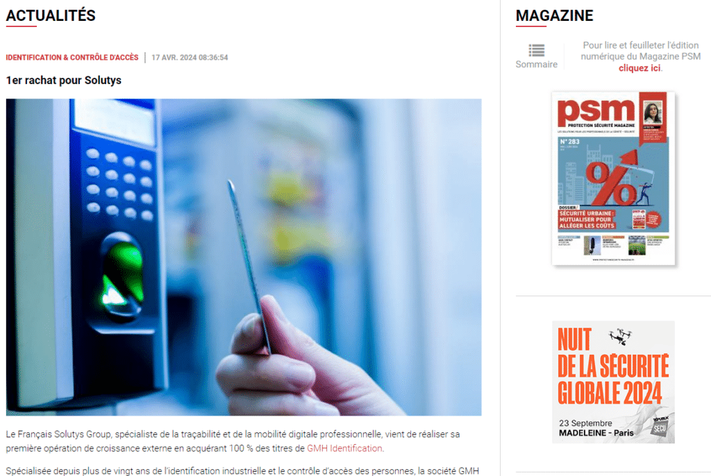 Protection Sécurité Magazine : 1er rachat pour Solutys
